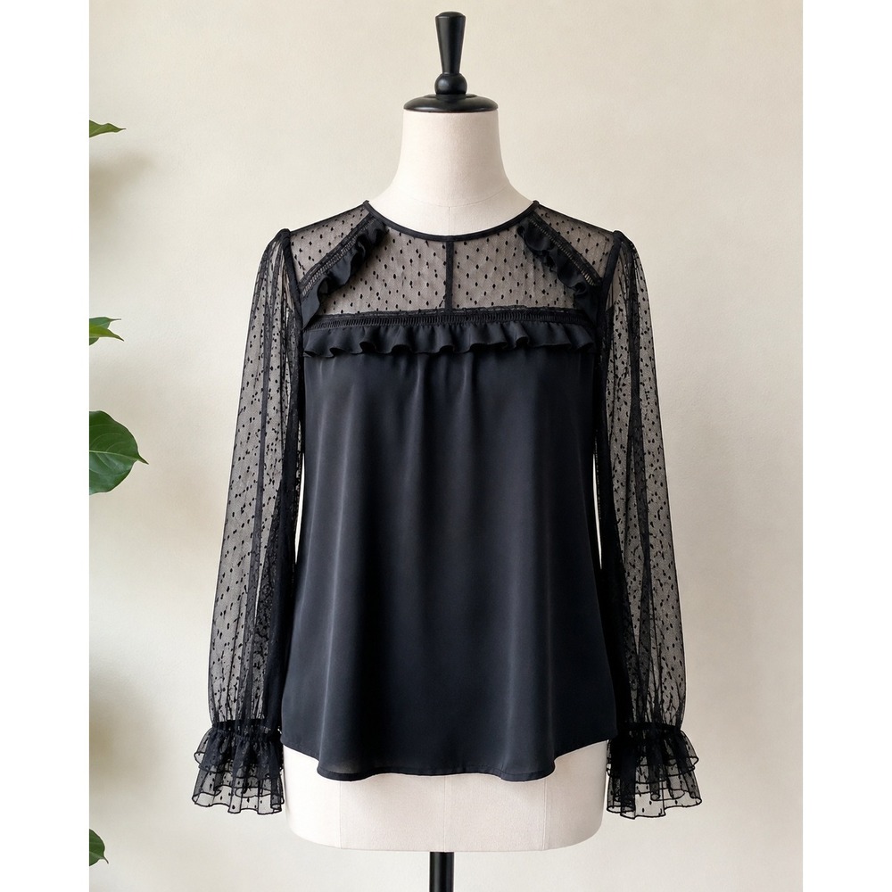 LOFT Black Point d'Esprit Mesh Ruffle Blouse Long Sleeve Sheer Top XS